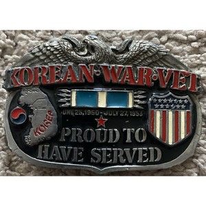 Vintage 1988‎ Korean War Vet Color Enamel Belt Buckle Great American Buckle Co